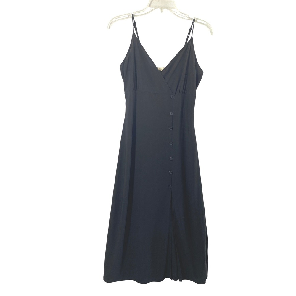 Rolla Coster Maxi Slip Dress Womens Large Babydoll Black Button Front Slit Beach